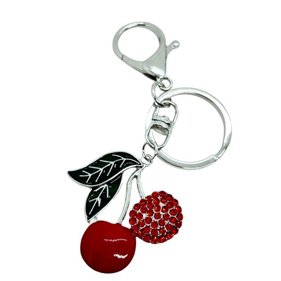 3/$30 CHERRY KEYCHAIN SILVER TONE ENAMEL LEAF RED RHINESTONE BAG CHARM FRUIT NWT - Picture 3 of 7